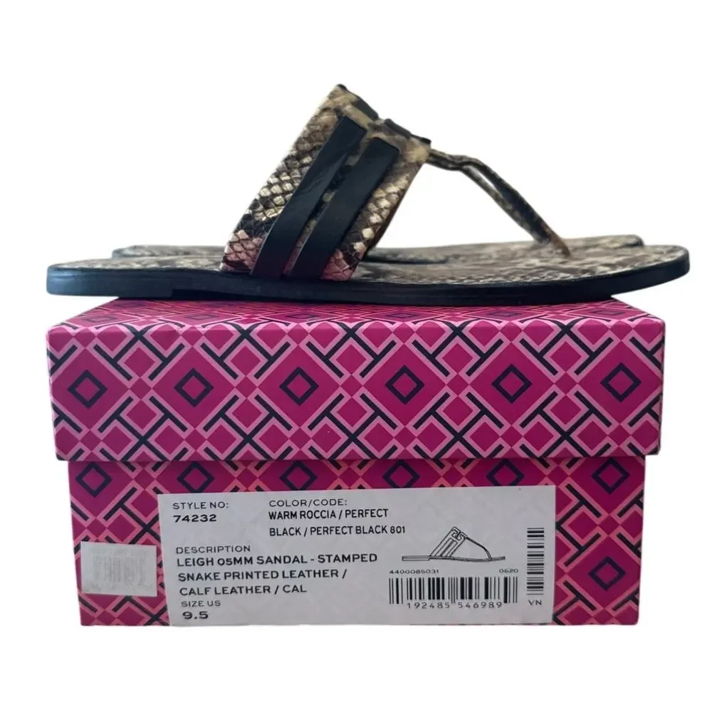 Tory Burch Leigh‎ Thong Sandals 9.5 Roccia Snakeskin Black Logo